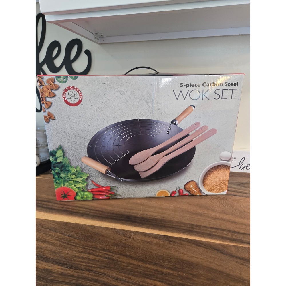 Chef's Counter 5 Piece Carbon Steel Wok Set 14 Inch Non-Stick with Utensils NEW